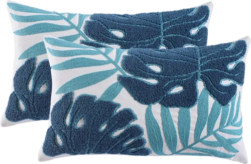 Miniatura 14 de Fundas de almohada bordadas de 18 x 18 pulgadas, paquete de 2 fundas de almohada azules botánicas tropicales con hojas tropicales, fundas de cojín