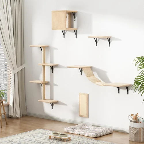 Juego de 5 escaladores para gatos montados en la pared, estantes de madera para gatos con perchas, escalera, casa de condominio para gatos, tabla de