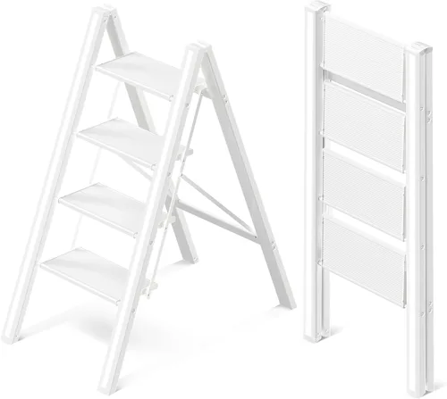 Escalera de 4 escalones, taburete plegable de aluminio con pedal antideslizante resistente y ancho, escalera portátil ligera para uso en el hogar y