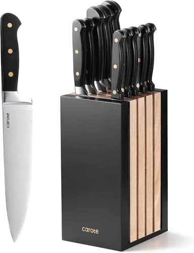CAROTE Juego de 11 cuchillos con bloque para cocina, hoja súper afilada de acero inoxidable, mango ergonómico con triple remache, bloque magnético