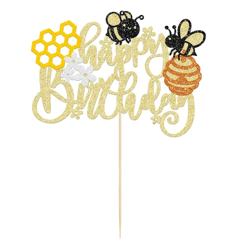 Miniatura 3 de Gyufise 1 Pieza Decoración para Pastel Abeja Feliz Cumpleaños Flor Panal Brillantina Feliz Día de Abeja Decoraciones de Pastel para Tema de Miel