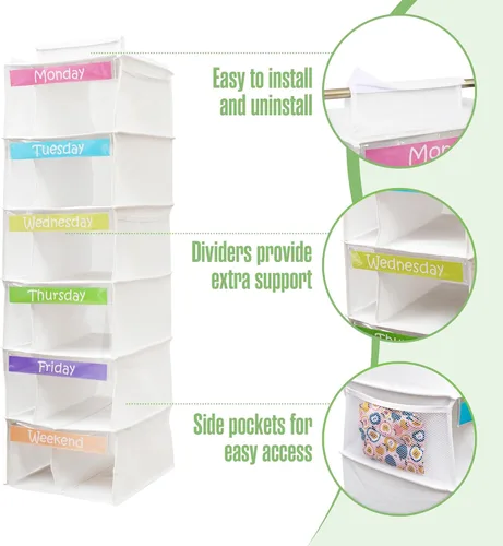 Miniatura 4 de Houseables Organizador de ropa para niños, organizador semanal de ropa para niños, organizadores de atuendos, almacenamiento diario de ropa de Blanco