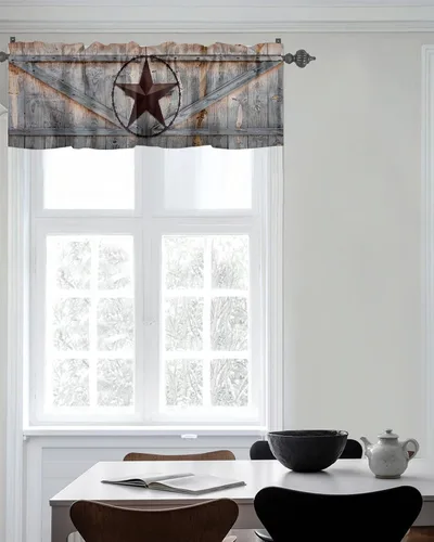Miniatura 8 de Cortina de cenefas de estrella de campo occidental para cocina, cafetería, estrellas de hierro rústico en madera para puerta de granero, cenefa