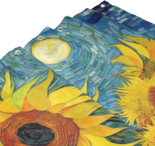 Miniatura 3 de Juego de cortina de ducha de girasol para baño, pintura al óleo, hojas verdes, flores, bohemio, tela amarilla abstracta, moderna, impermeable