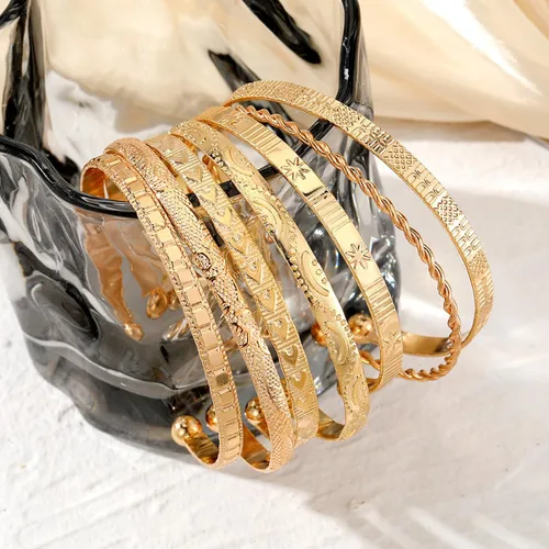 Miniatura 4 de Juego de pulseras de oro bohemio para mujer, estilo vintage, apilables, con flechas ajustables, hexagrama torcido, grabado, brazalete abierto