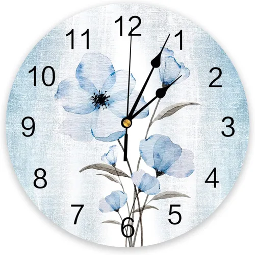 Reloj de pared de 10 pulgadas, silencioso, sin tictac, color degradado, retro, flores azules, reloj decorativo redondo para sala de estar,
