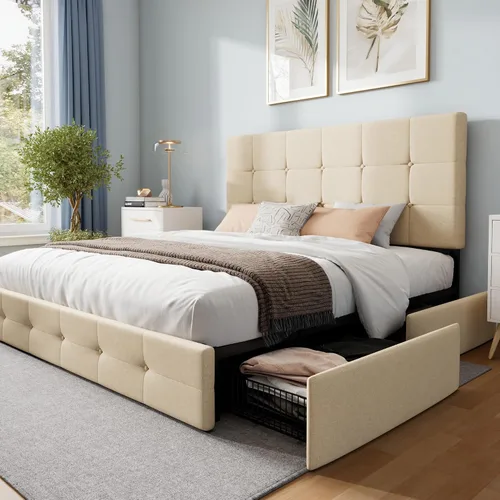 Miniatura 23 de WEEWAY Base de cama de plataforma tamaño Queen con 4 cajones de almacenamiento, cabecera capitonada con botones de puntada cuadrada, base de colchón