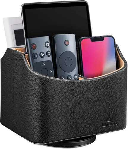 Miniatura 8 de LAMOTI Leather 360 Spinning TV Remote Caddy - Organizador de escritorio de 5 compartimentos para controles remotos universales, teléfonos, tabletas