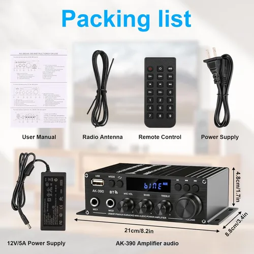 Miniatura 7 de Amplificador estéreo receptor de audio para el hogar AK-390, altavoz AMP Bluetooth 5.0 amplificador 400W+400W 2 canales con amplificador de potencia