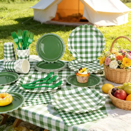Miniatura 5 de Suministros de fiesta de cuadros verdes, incluyen platos de papel festoneado desechables de 9 y 7 pulgadas, servilletas, vasos, tenedores, manteles