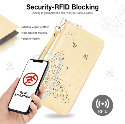Miniatura 6 de Cartera RFID para mujer, cartera de gran capacidad con mariposa, cartera de teléfono celular, carteras de mano para mujer, carteras de pulsera