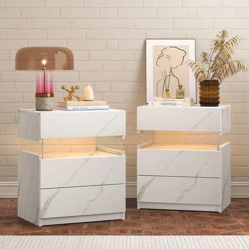 Miniatura 10 de Bingoday Moderna mesita de noche LED con 3 cajones, mesita de noche con luces LED ajustables, mesa auxiliar de almacenamiento grande para Blanco