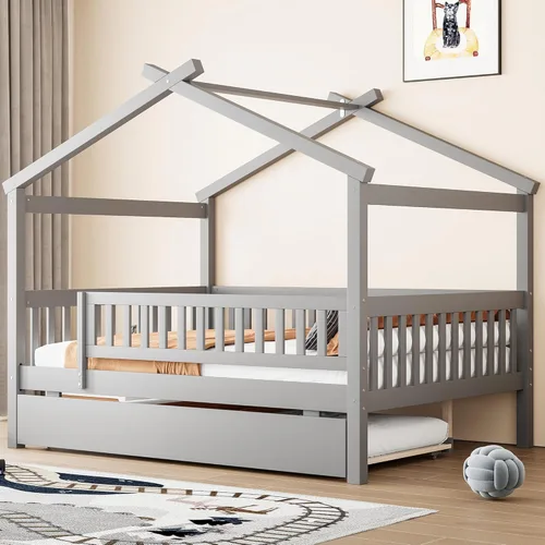 Miniatura 18 de Harper & Bright Designs Cama de madera con nido, marco de cama Platforn para niños de tamaño individual con rieles de valla y techo para niñas