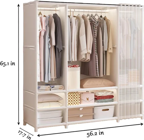 Miniatura 4 de Armario portátil para colgar ropa, armario de estilo japonés, perchero con 3 varillas para colgar, 9 estantes de almacenamiento, 56.2 pulgadas