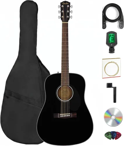 Fender Dreadnought - Guitarra acústica - Paquete negro con estuche, afinador, correa, cuerdas, devanador de cuerdas, púas y DVD instructivo de