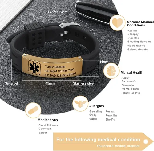 Miniatura 9 de OPALSTOCK Pulseras médicas personalizadas de silicona ajustable para identificación de emergencias, grabado gratuito, 9 pulgadas, resistente al