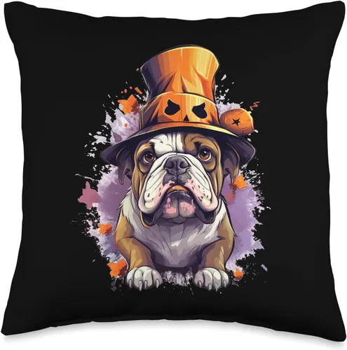 Bulldog Halloween Dog Pumpkin Costume Cojín de Halloween con diseño de calabaza y perro de Bulldog Inglés, 16 x 16 pulgadas, multicolor
