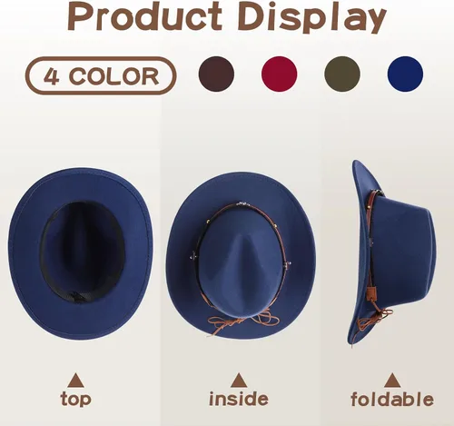 Miniatura 4 de Foaincore 4 sombreros de vaquero occidentales unisex de piel sintética americana, sombreros de fieltro de ala ancha, gorra de viaje de fieltro