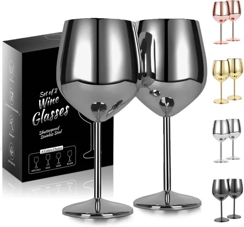 VERISA Copas de vino negro de acero inoxidable, 18 oz irrompible rojo elegante copas de vino copa de metal tallo largo copa negra fiesta al aire