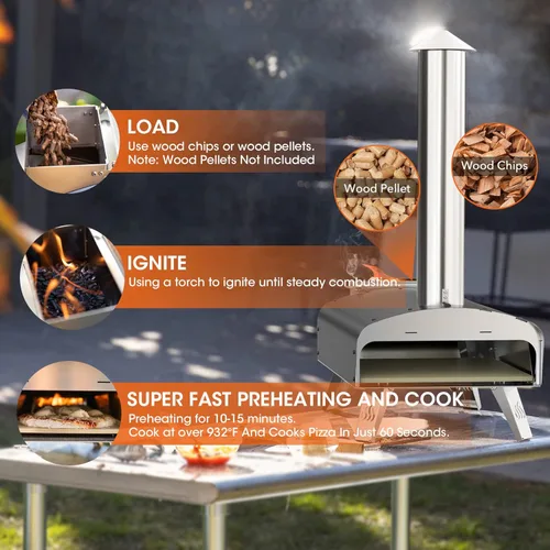 Miniatura 8 de Mimiuo Horno de pizza de pellets de madera para exteriores de 12 pulgadas, estufa de pizza de acero inoxidable resistente de 34.8 libras, pizza