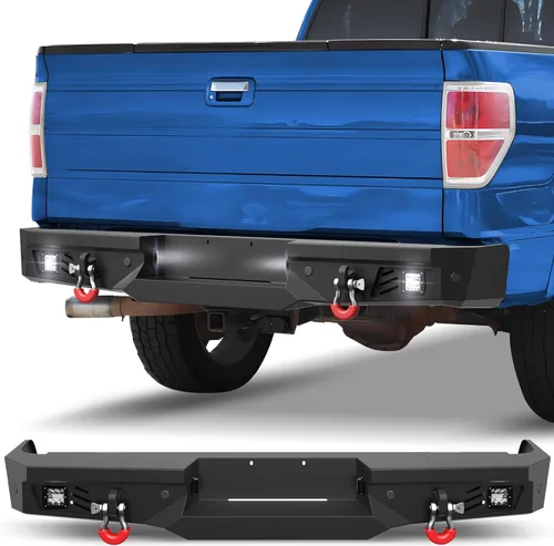 Miniatura 9 de Parachoques trasero F150 con anillos en D, luces LED, orificios de sensor, placa escalonada de acero inoxidable, parachoques trasero para Ford F150