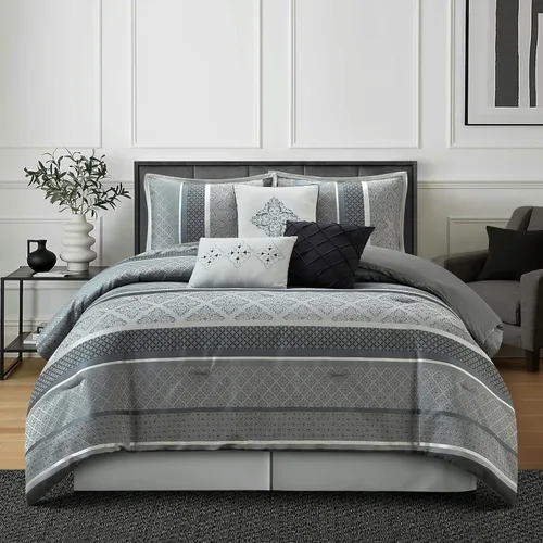 Miniatura 8 de Grand Avenue Juego de edredón geométrico negro y dorado, tamaño California King, juego de ropa de cama jacquard de 7 piezas, ultra suave, fundas a