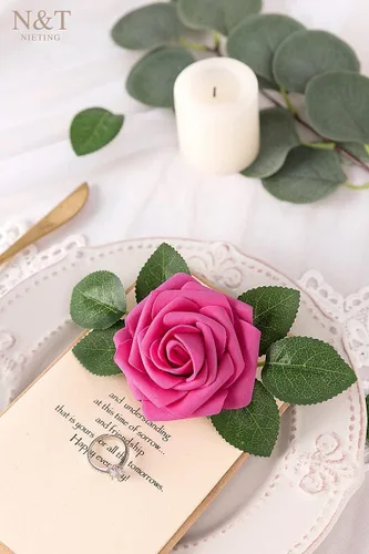 Miniatura 246 de N&T NIETING Flores artificiales, rosas artificiales de color rosa intenso, 50 piezas de flores falsas con tallo para ramos de boda DIY, centros