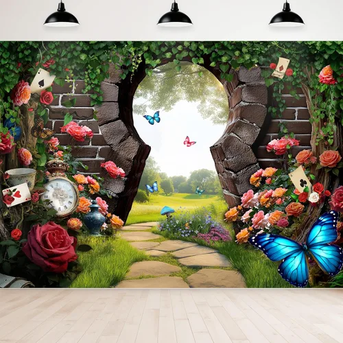 Miniatura 17 de Newsely Telón de Fondo Alicia en el País de las Maravillas para Fiesta de Té, Foto, 5Wx7H, Fotografía, Tablero de Ajedrez, Valla de Hierba Verde