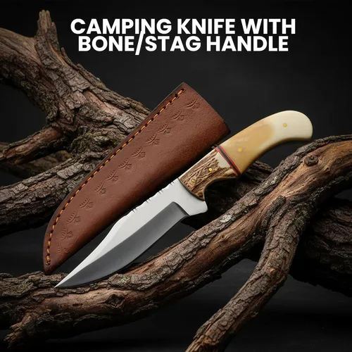 Miniatura 2 de SZCO Supplies 8.75" cuchillo de caza al aire libre del hueso del ciervo que acampa con la vaina de cuero