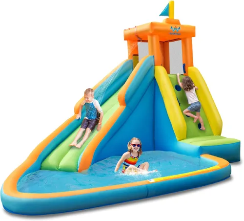HONEY JOY Tobogán acuático inflable, parque acuático gigante, castillo hinchable para patio trasero, pared de escalada, piscina de chapoteo,
