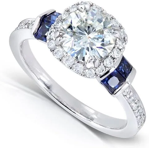 Miniatura 2 de Kobelli Anillo de compromiso Moissanita de corte redondo y zafiro 1 35 CTW Oro blanco de 14 k