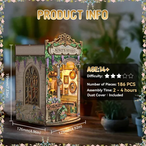 Miniatura 3 de Monet's Studio - Kit de rincón de libro con luz LED y cubierta antipolvo, kit de casa en miniatura para bricolaje, rompecabezas de madera 3D, kit