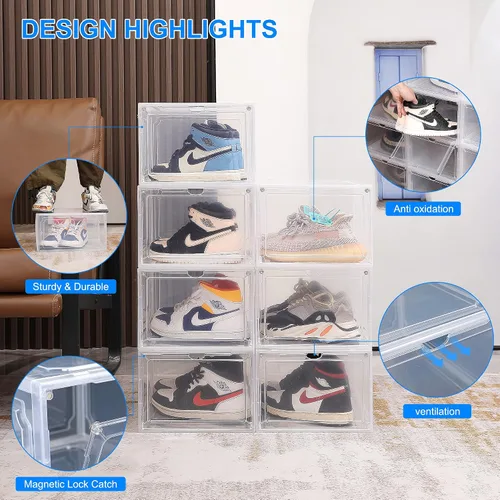 Miniatura 3 de HIYOHIYO Cajas de zapatos apilables de plástico transparente tamaño 14, contenedores magnéticos para zapatos, caja de almacenamiento plegable