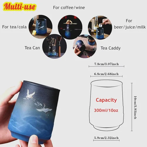 Miniatura 6 de Pottery Couple - Juego de 2 tazas de café – Esmalte mate azul degradado con diseño de grúa y ciervo, tazas de café hechas a mano para decoración
