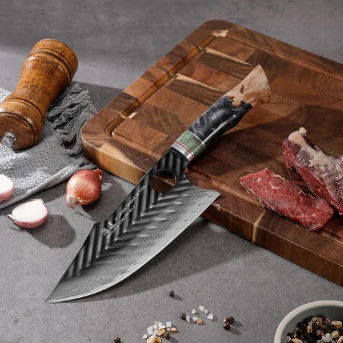 Miniatura 4 de SHANGDAO cuchillo de carnicero de Damasco de 7 pulgadas, cuchillos de cocina tipo clavícula vikinga con funda de cuero - Serie QILIN de 67 capas