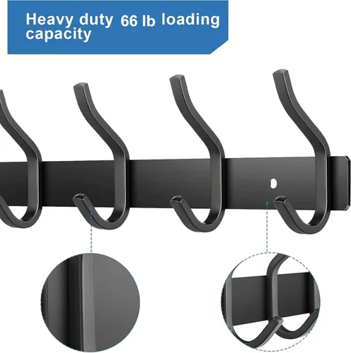 Miniatura 4 de Ganchos de pared negros, perchero de pared de 30 cm con 4 ganchos, ganchos de pared resistentes para colgar mochila, bolso, cartera, ropa, sombrero