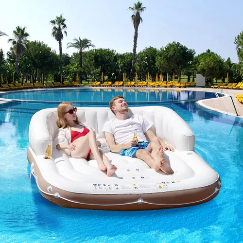 Miniatura 9 de Goplus Isla de toldo inflable, flotador de piscina de bronceado de 73 pulgadas con toldo retráctil y extraíble, SPF50+, 3 almohadas cómodas, carga