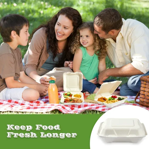 Miniatura 7 de Vplus Paquete de 300 Recipientes compostables para llevar con diseño de concha, de 20,3 x 20,3 cm, desechables y ecológicos, con 3 compartimentos