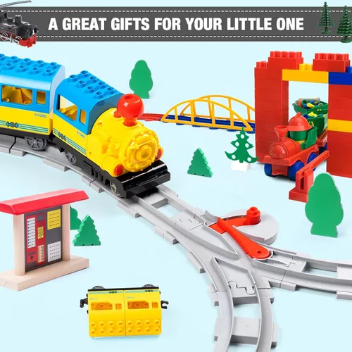 Miniatura 6 de Mannidoo 32 piezas de pistas de tren, pista de ferrocarril clásica con 20 pistas curvas, 10 pistas rectas y 2 pistas de cambio - Compatible