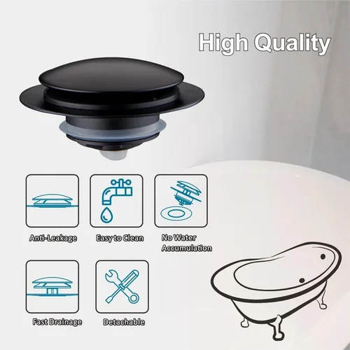 Miniatura 6 de Tapón de Drenaje de Bañera Negro, Welsan Tapón Universal Pop Up de Bañera de Repuesto Tip Toe, Levantar y Girar con Cubierta de Placa Frontal