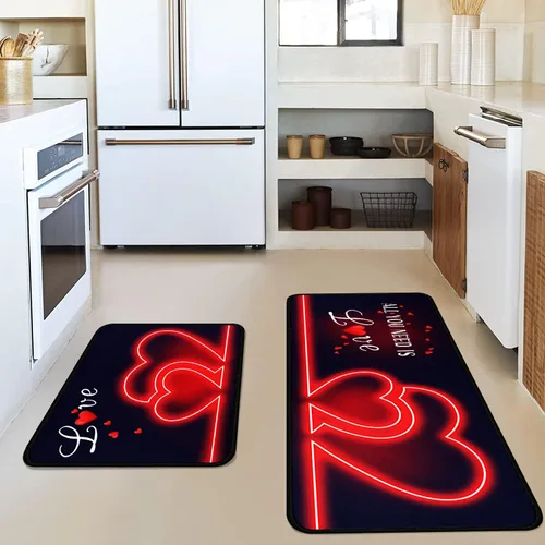 Miniatura 5 de Juego de 2 alfombras y tapetes de cocina, para el día de San Valentín, decoración de corazón rojo, antideslizantes, parte trasera de goma