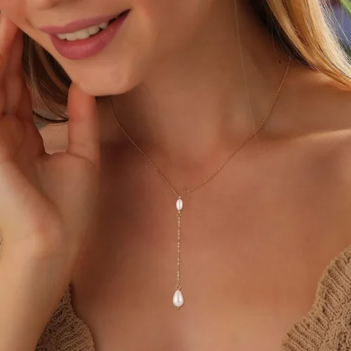 Miniatura 2 de Collares de perlas para mujer, chapado en oro real de 14 quilates, delicado collar de perlas para mujer, collar de cadena de perlas hecho a mano