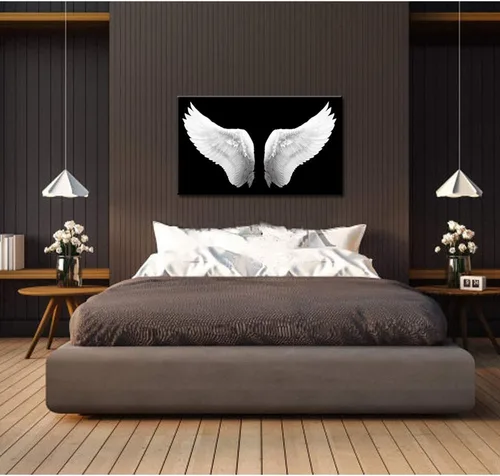Miniatura 4 de iKNOW FOTO Lienzo grande en blanco y negro con alas de ángel, arte de pared, pintura contemporánea para sala de estar, obra enmarcada para paredes
