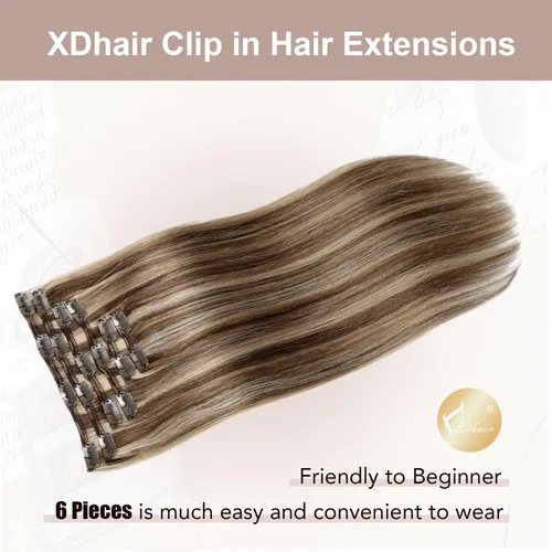 Miniatura 2 de XDhair Extensiones de cabello humano Remy con pinzas, color marrón medio #4, mezclado con rubio caramelo #27, 3.53 oz, 6