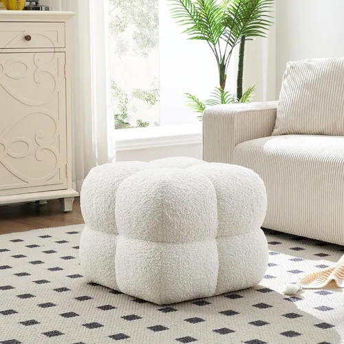 Taburete otomano cuadrado, mesa de centro otomana Boucle con cobertura completa, taburete de tocador moderno, puf tapizado con reposapiés para Blanco