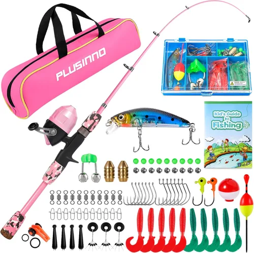 Miniatura 17 de PLUSINNO Caña de pescar para niños con carrete Spincast telescópica caña de pescar Combo kits completos para niños, niñas y adultos Rosa