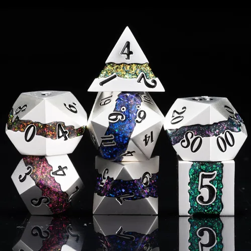 Miniatura 9 de Dados poliédricos DND de metal, juego de dados metálicos con purpurina a rayas grandes, juego de 7 dados plateados antiguos para juegos de rol