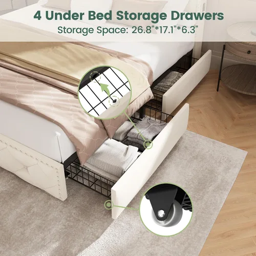 Miniatura 7 de LARMACE Base de cama tamaño Queen con 4 cajones de almacenamiento y estación de carga, marco de cama tapizado de terciopelo con cabecera LED, sin