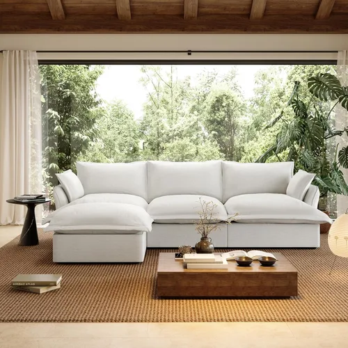 Miniatura 19 de Sofá modular de mezcla de lino para sala de estar, cómodo sofá modular con relleno de plumón, moderno sofá cama convertible con asiento profundo