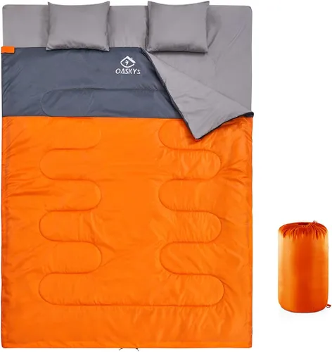 oaskys Saco de dormir doble para adultos con 2 almohadas – Saco de dormir impermeable tamaño Queen XL para todas las estaciones, camping, Tangerine